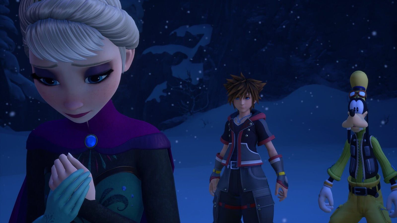 Sora and Goofy stand in a snowy night scene beside Elsa, who clasps her hands
