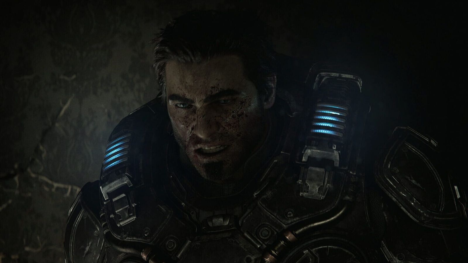 A COG soldier in blue-lit armour looks up in a dark corridor in Gears of War: E-Day