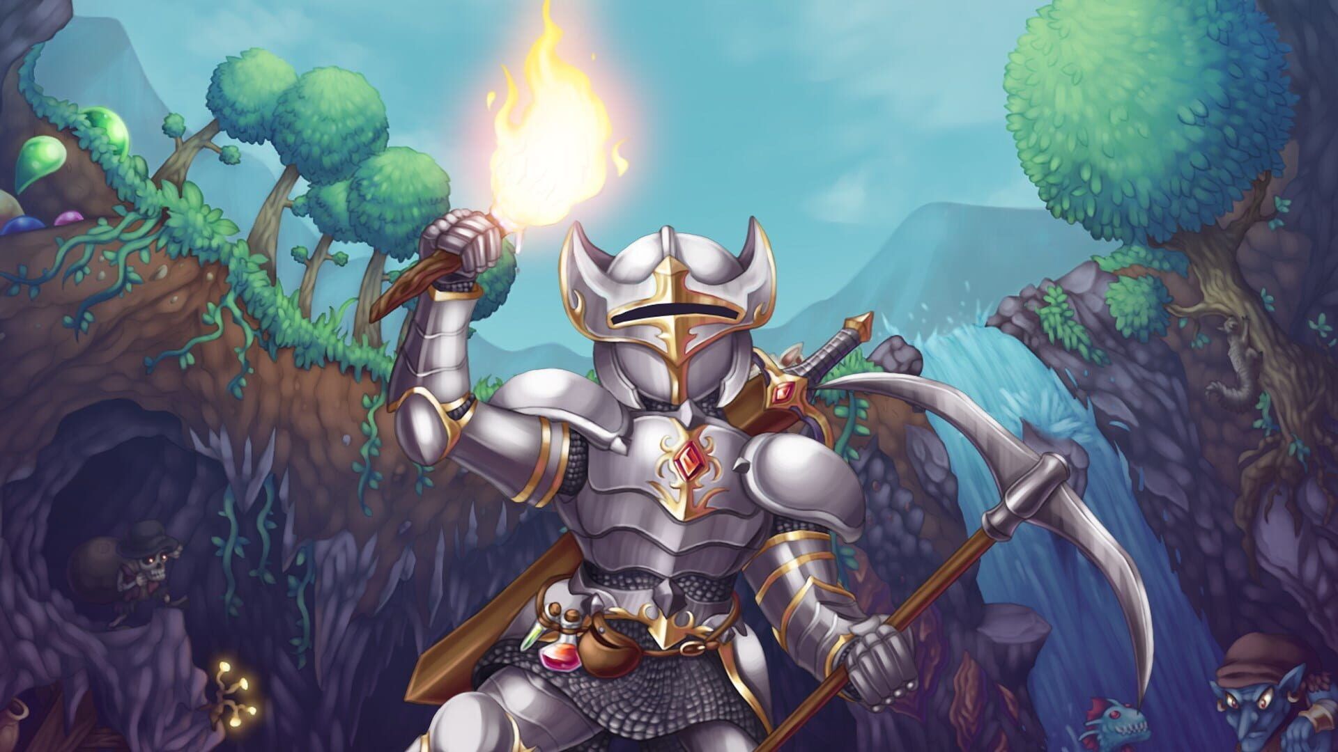 Illustrated Terraria knight holding a torch and a pickaxe