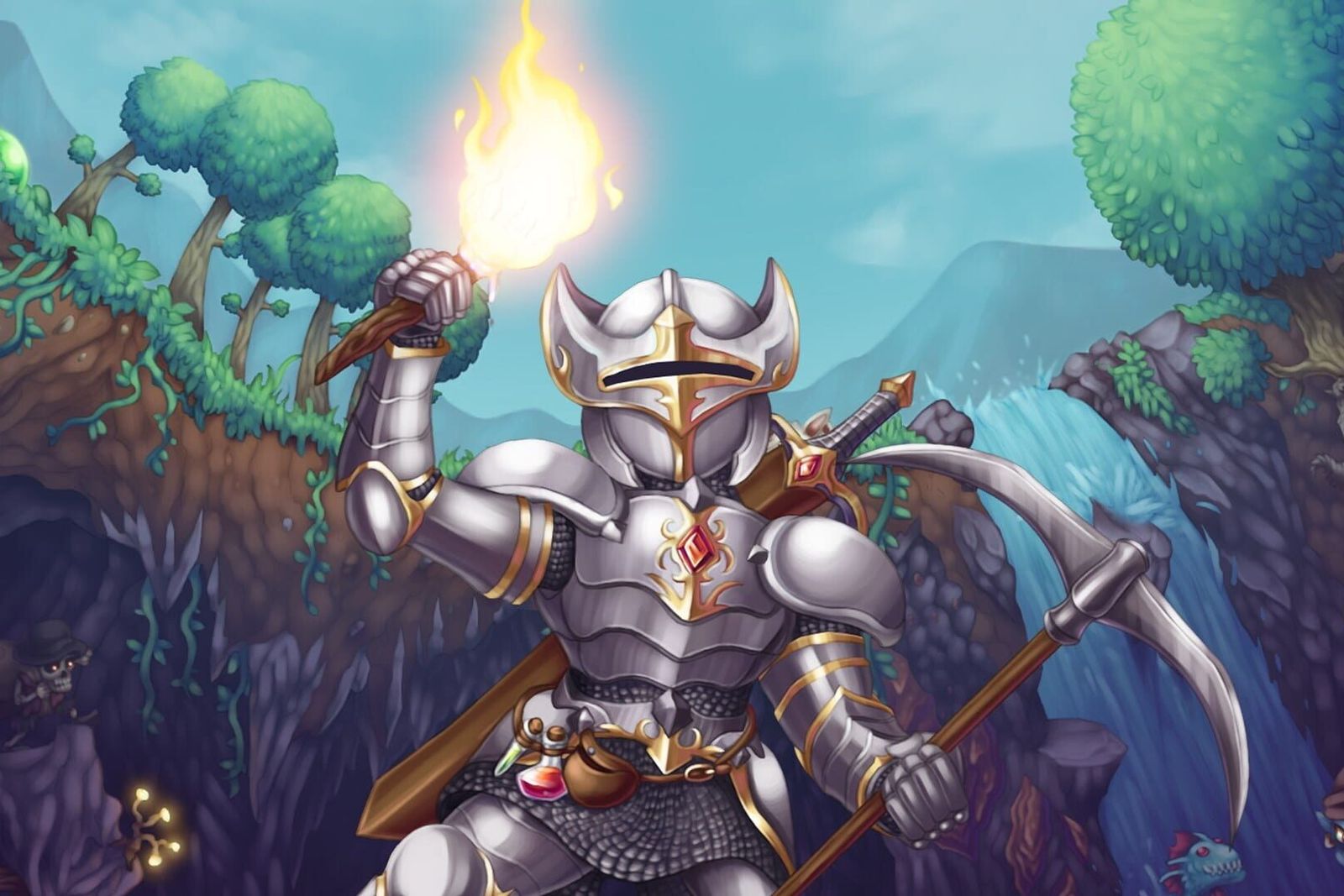 Illustrated Terraria knight holding a torch and a pickaxe