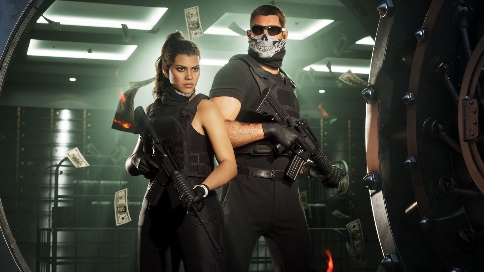 Jason and Lucia in black tactical gear holding rifles inside a bank vault, with banknotes in the air