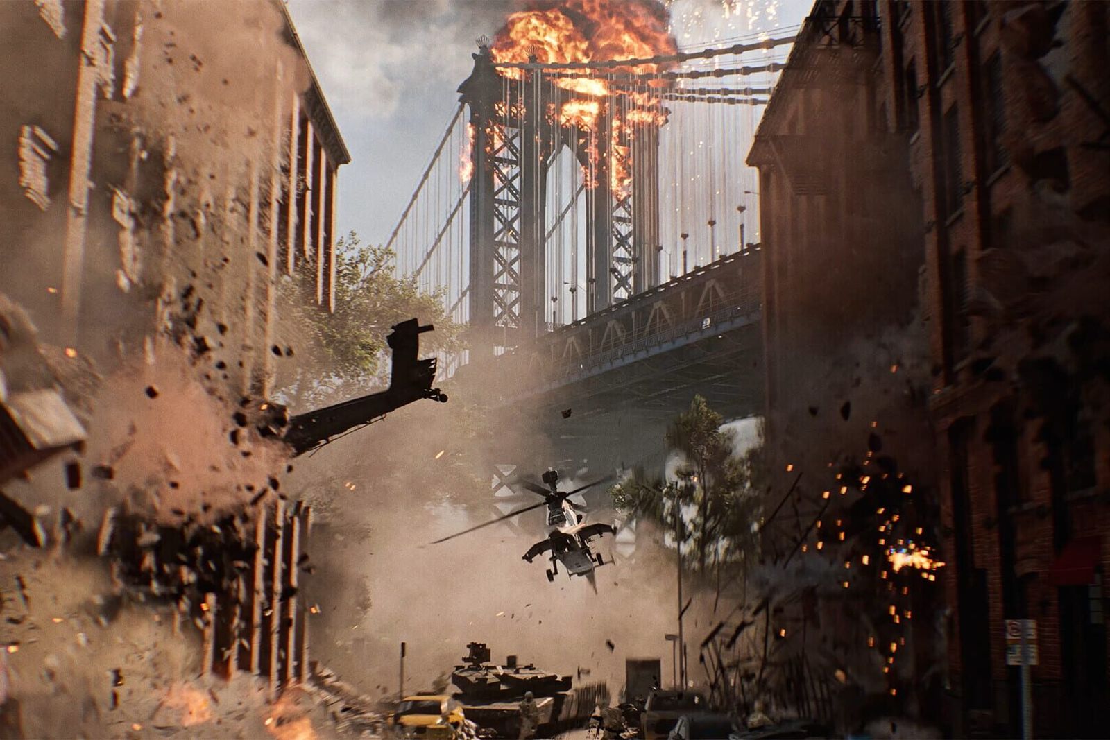 A helicopter flies through an exploding city street beneath a burning suspension bridge in Battlefield 6