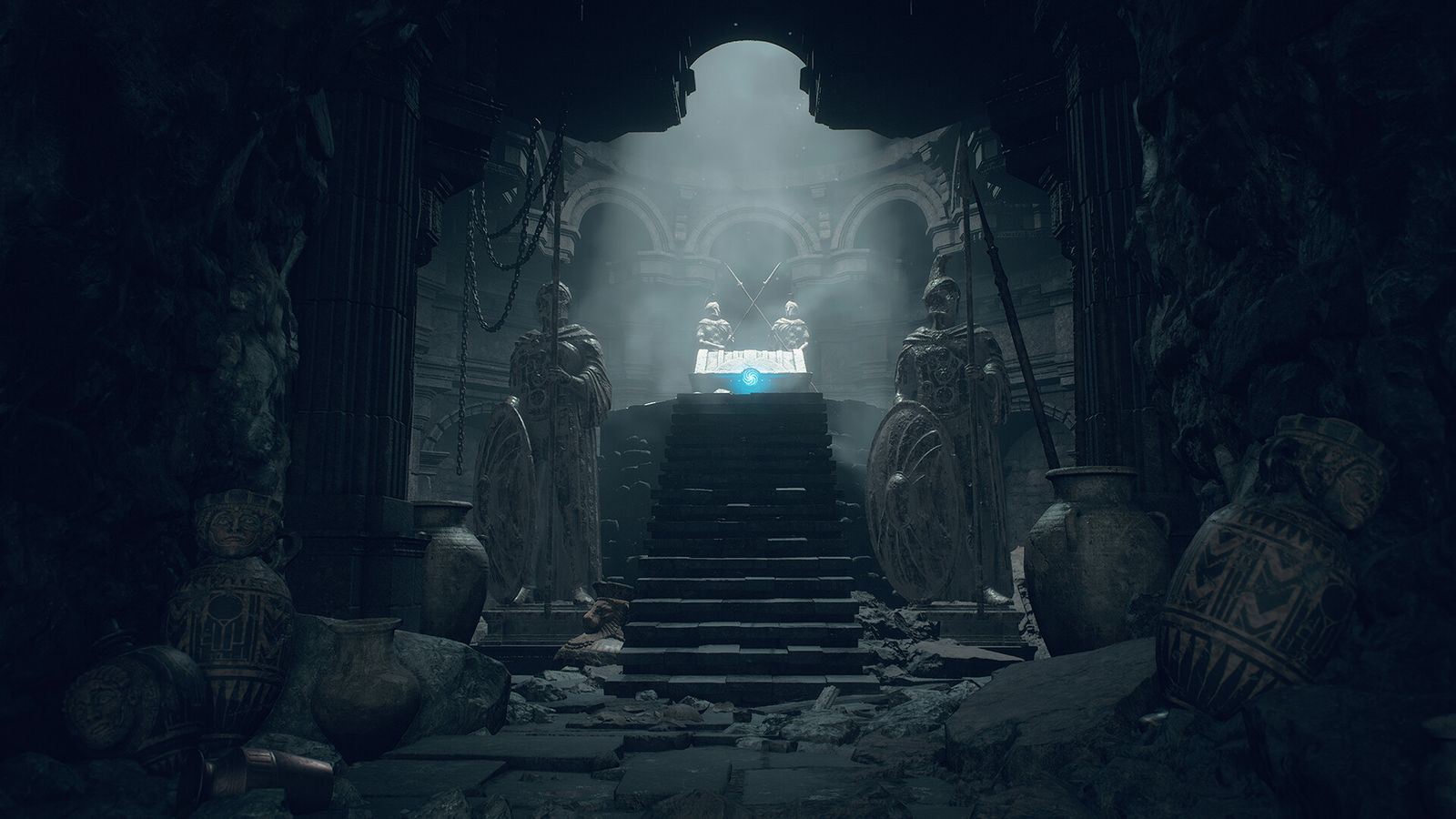 Stone stairs lead up through a dark, overgrown crypt lined with statues and urns towards a glowing altar