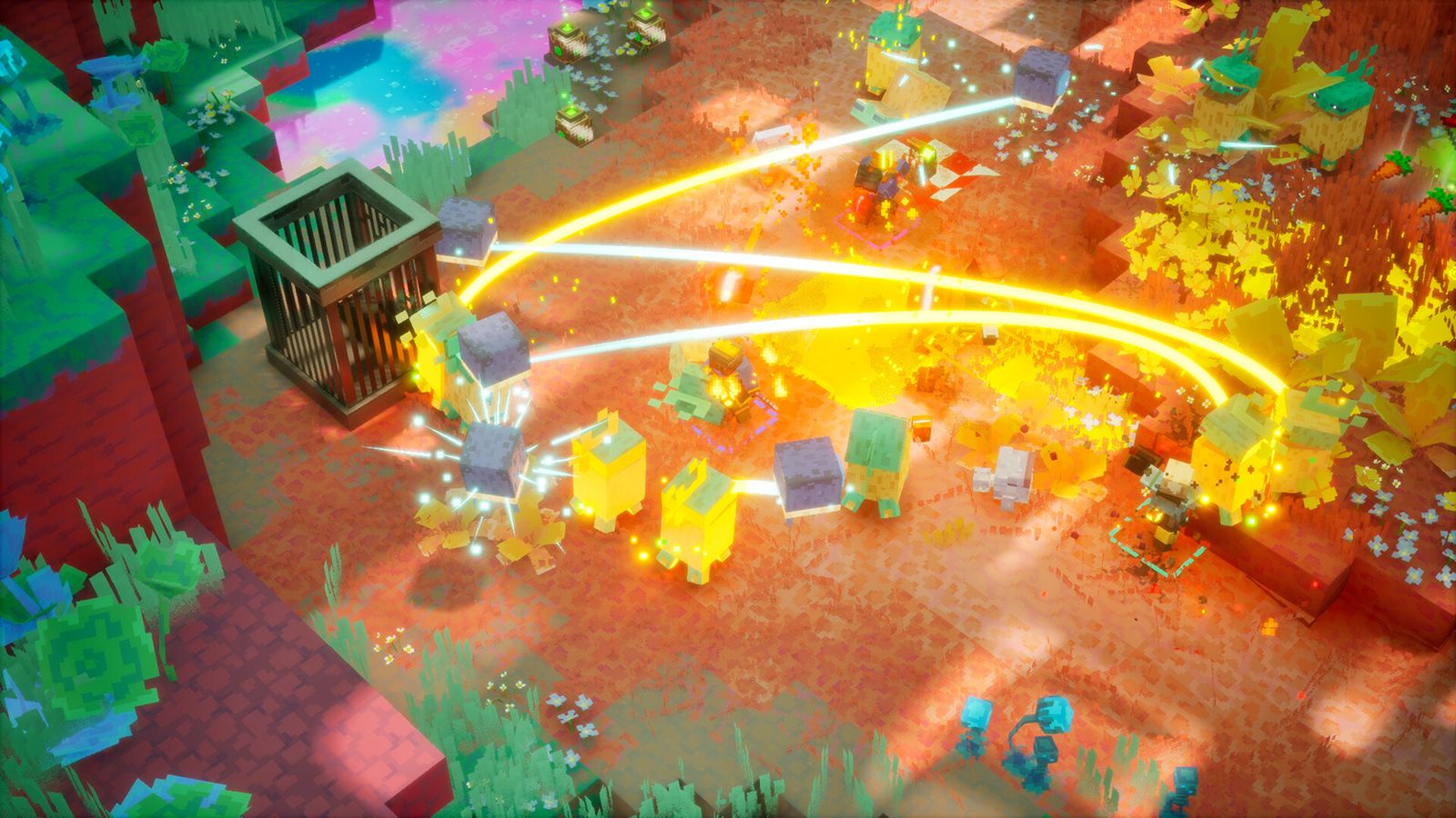Minecraft Dungeons II heroes cutting through a crowd of mobs with glowing yellow attack trails