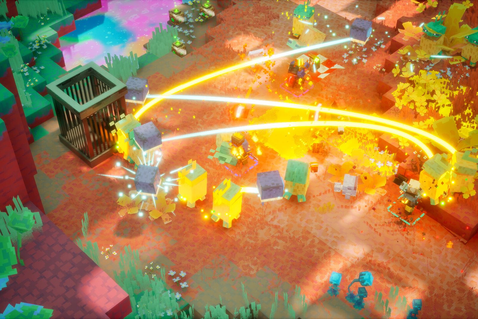 Minecraft Dungeons II heroes cutting through a crowd of mobs with glowing yellow attack trails