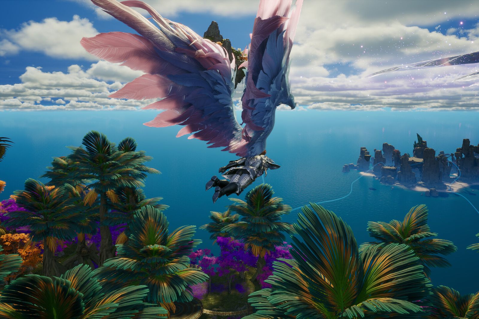 A winged AION 2 character flying above a tropical sea with floating islands in the distance