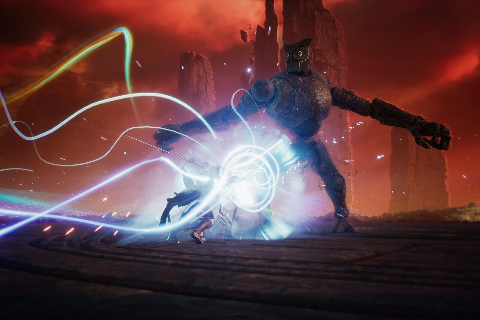AION 2 screenshot of a character casting a glowing spell against a giant mechanical golem under a red sky