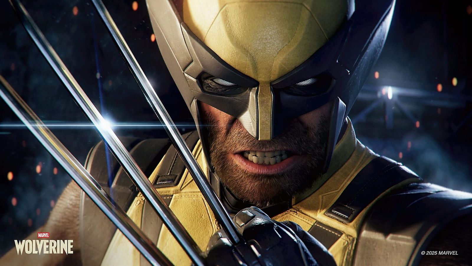 Close-up of Wolverine in his yellow mask with his adamantium claws extended at night