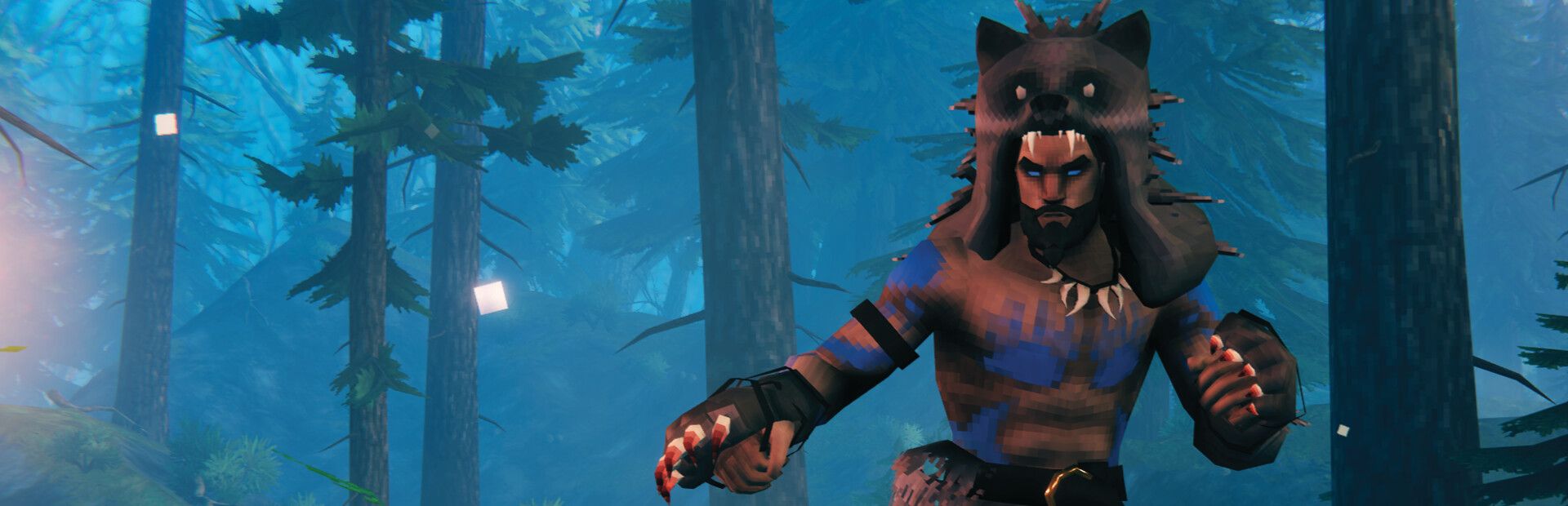 Valheim artwork of a Viking warrior wearing a wolf pelt over his head, reaching forward in a misty blue forest
