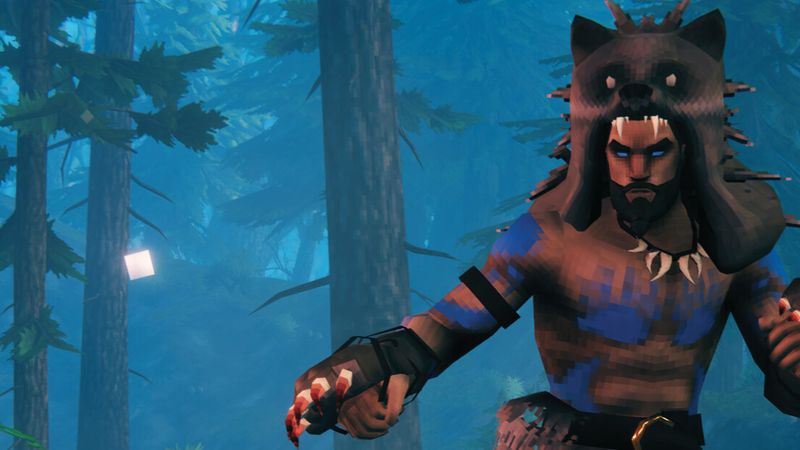 Valheim artwork of a Viking warrior wearing a wolf pelt over his head, reaching forward in a misty blue forest