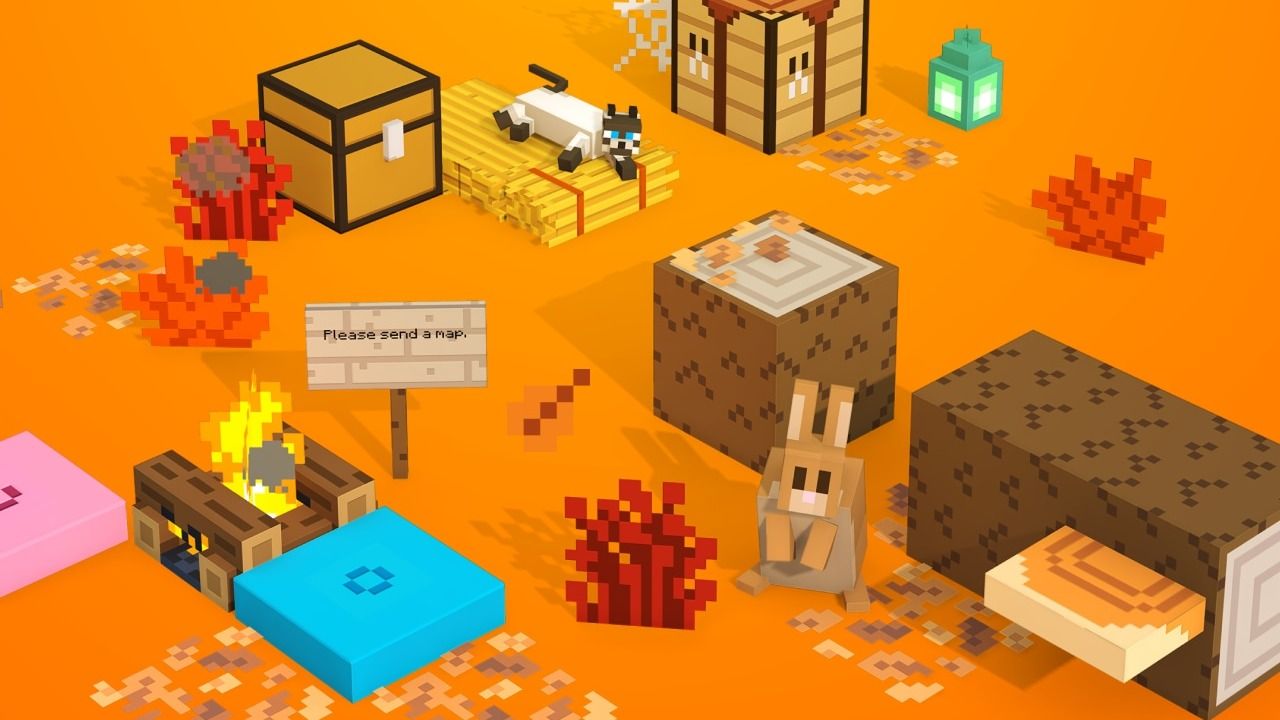 Blocky camp scene on an orange background with a chest, a straw bed with a sleeping cat, cushions, a campfire, red shrubs and a rabbit
