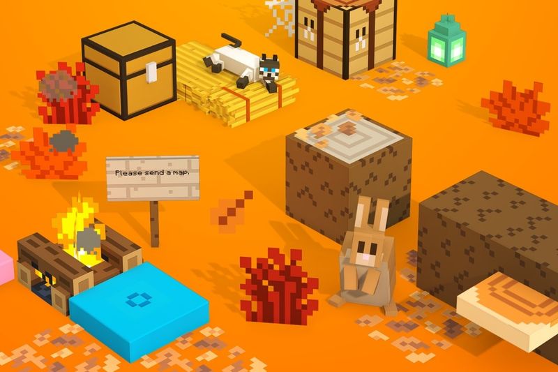 Blocky camp scene on an orange background with a chest, a straw bed with a sleeping cat, cushions, a campfire, red shrubs and a rabbit