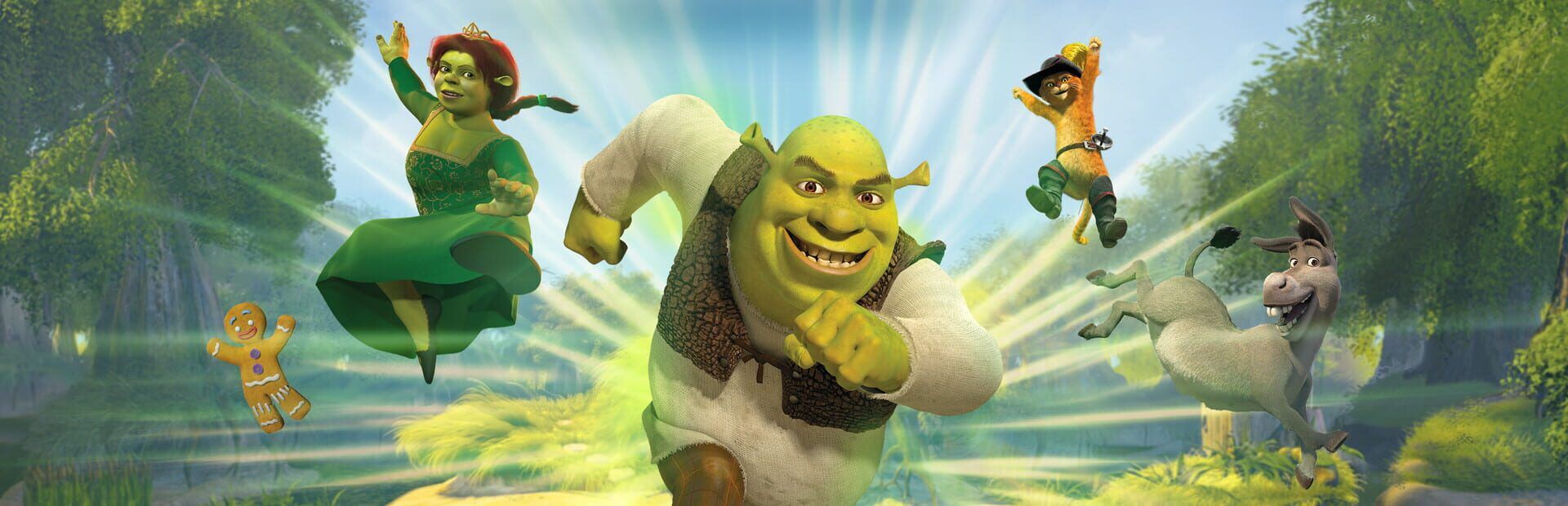 Shrek running forward with Fiona and Puss in Boots leaping behind him