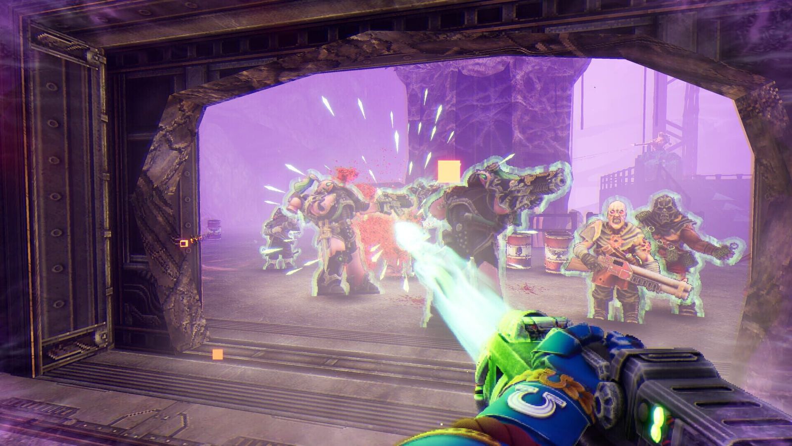 First-person view of a green plasma weapon firing at a group of Chaos cultists through a doorway in a purple-lit factory