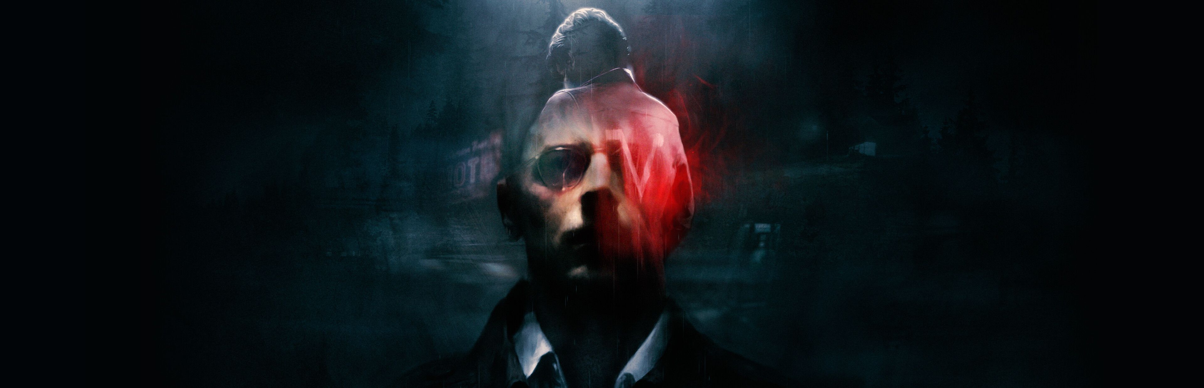 Panoramic Silver Pines artwork of detective Red Walker's face half-covered by a red smear in a dark, rainy town