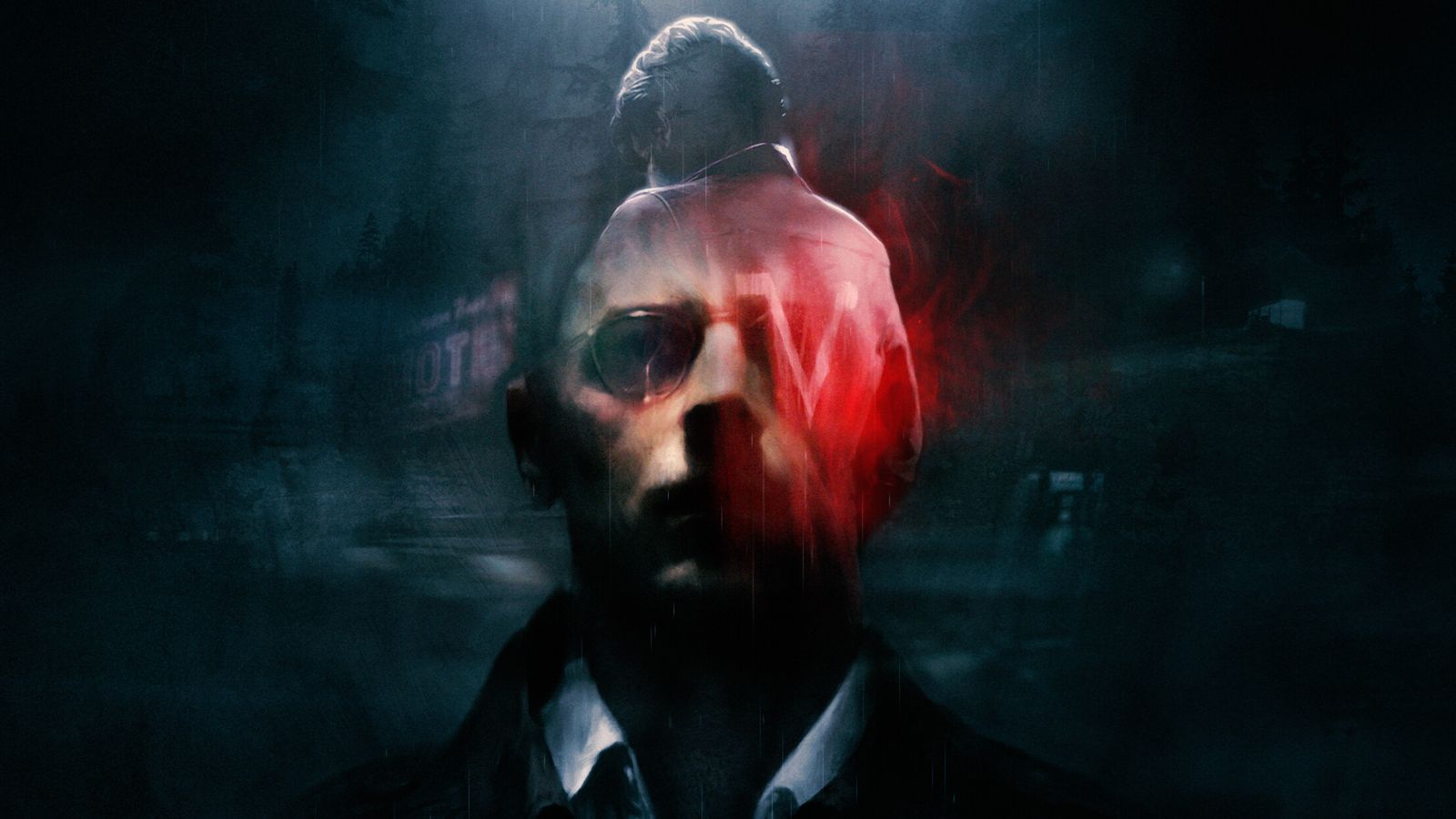 Panoramic Silver Pines artwork of detective Red Walker's face half-covered by a red smear in a dark, rainy town