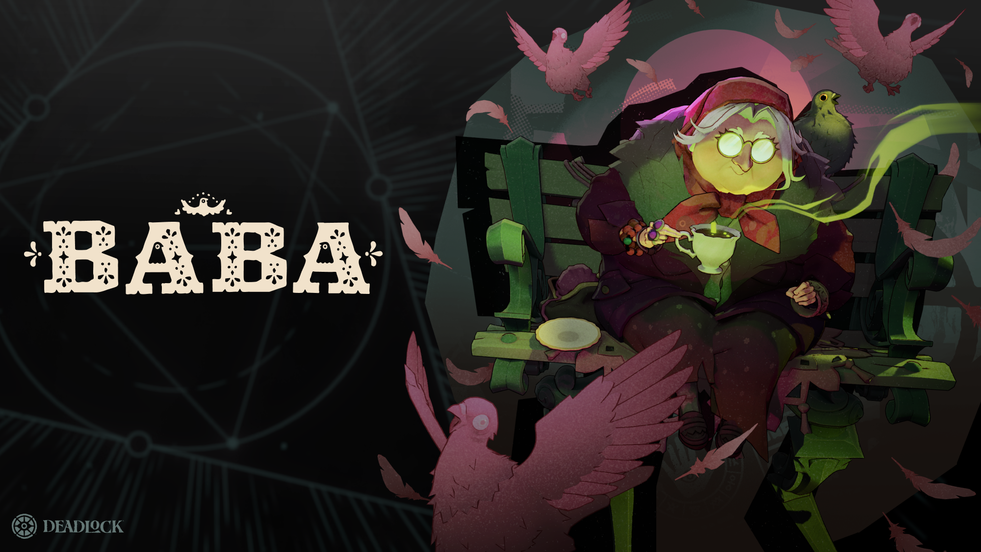 Key art of Deadlock hero Baba, an old woman with glowing glasses sitting on a park bench with a teacup, surrounded by pigeons