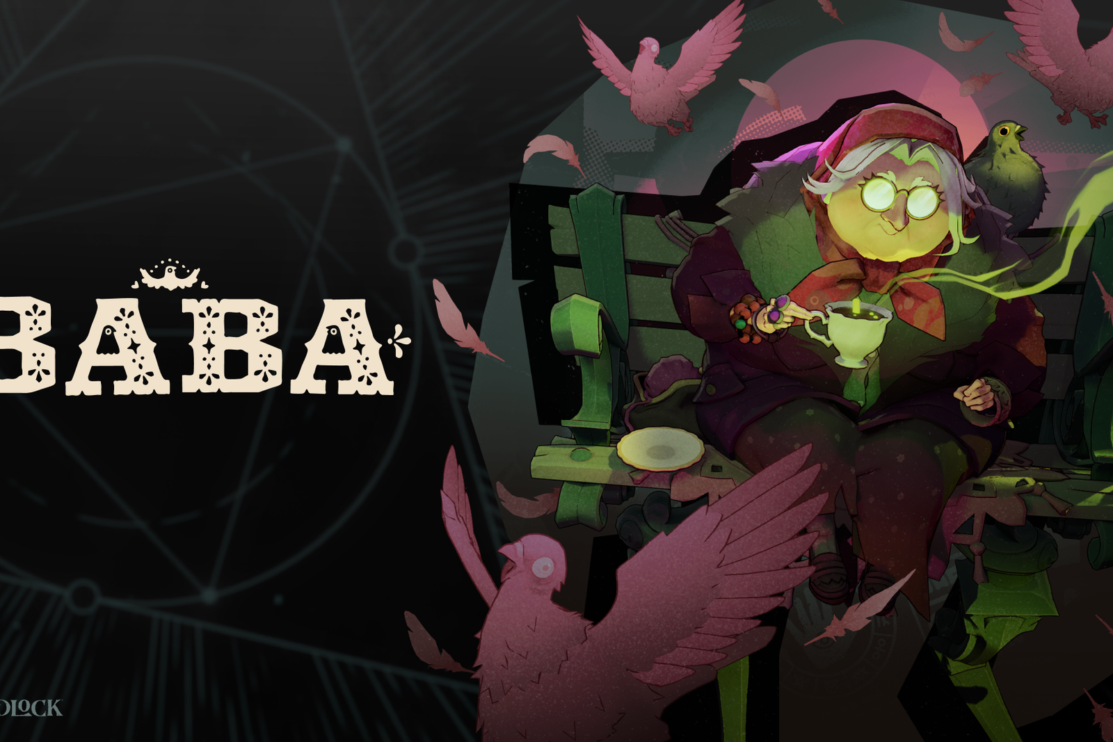 Key art of Deadlock hero Baba, an old woman with glowing glasses sitting on a park bench with a teacup, surrounded by pigeons