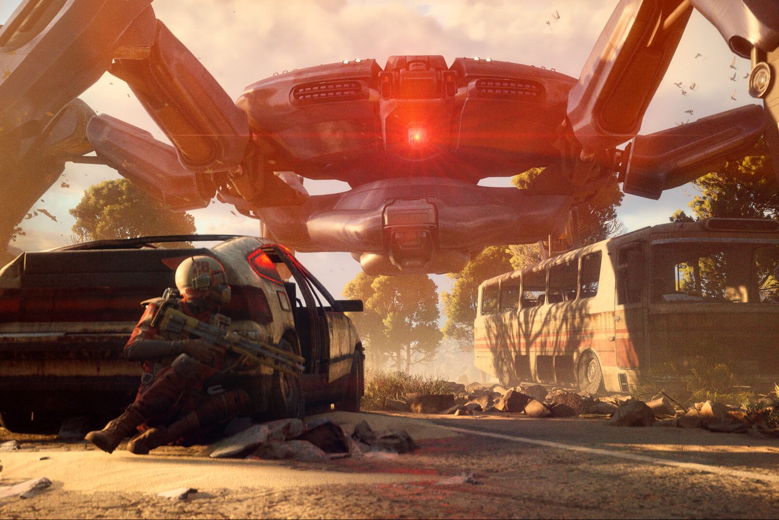 An ARC Raiders player crouches behind a wrecked car as a huge red-eyed ARC machine looms over the road