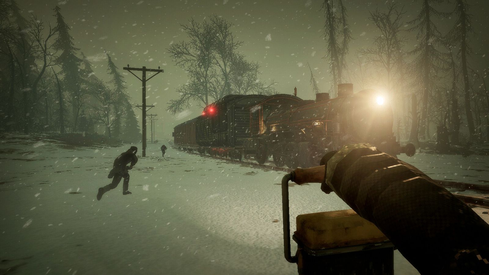 First-person view in Frostrail of a figure running through the snow beside a steam locomotive at night