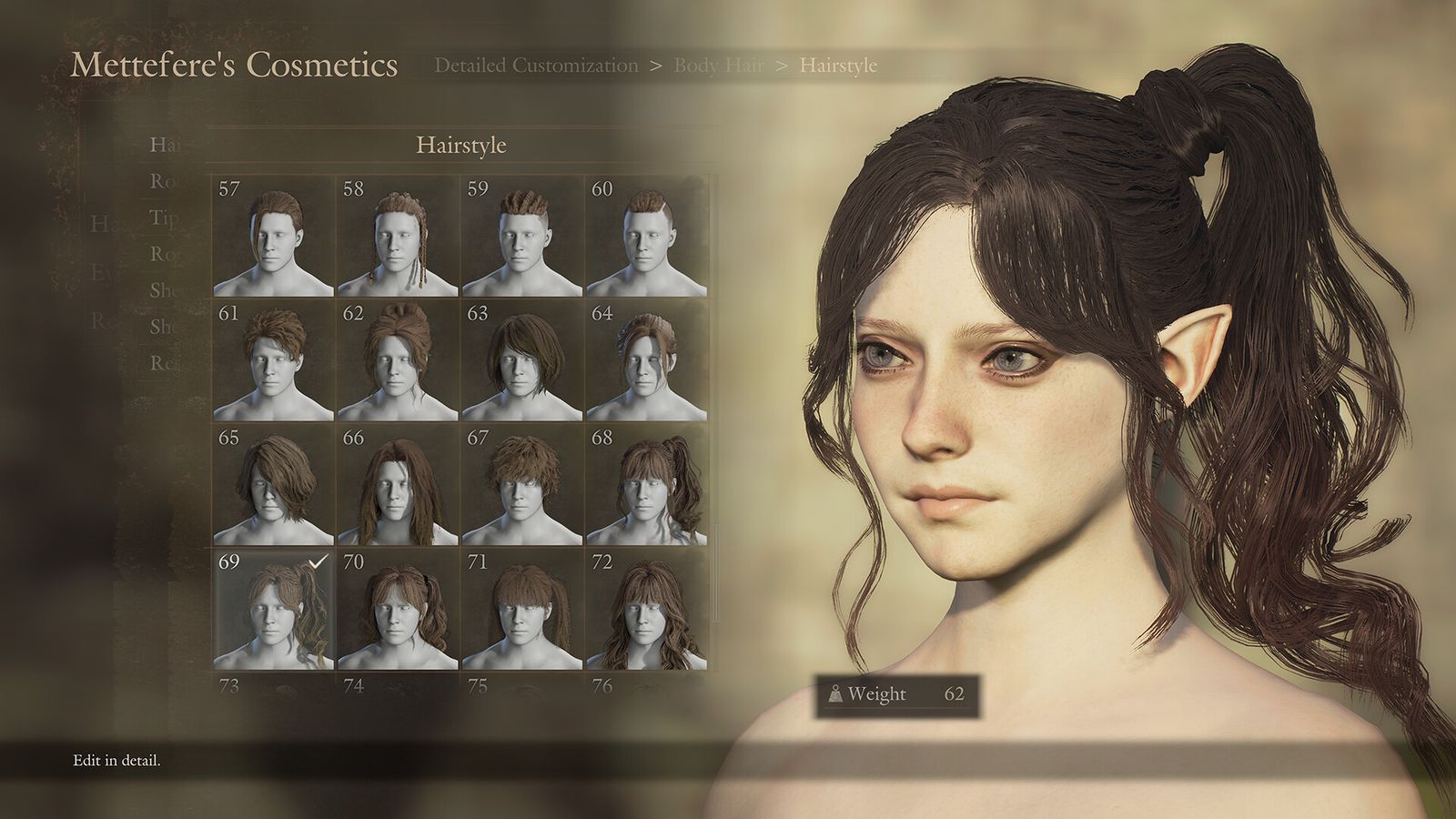 Character creator screen showing a grid of hairstyles next to a dark-haired elf-eared character with a high ponytail