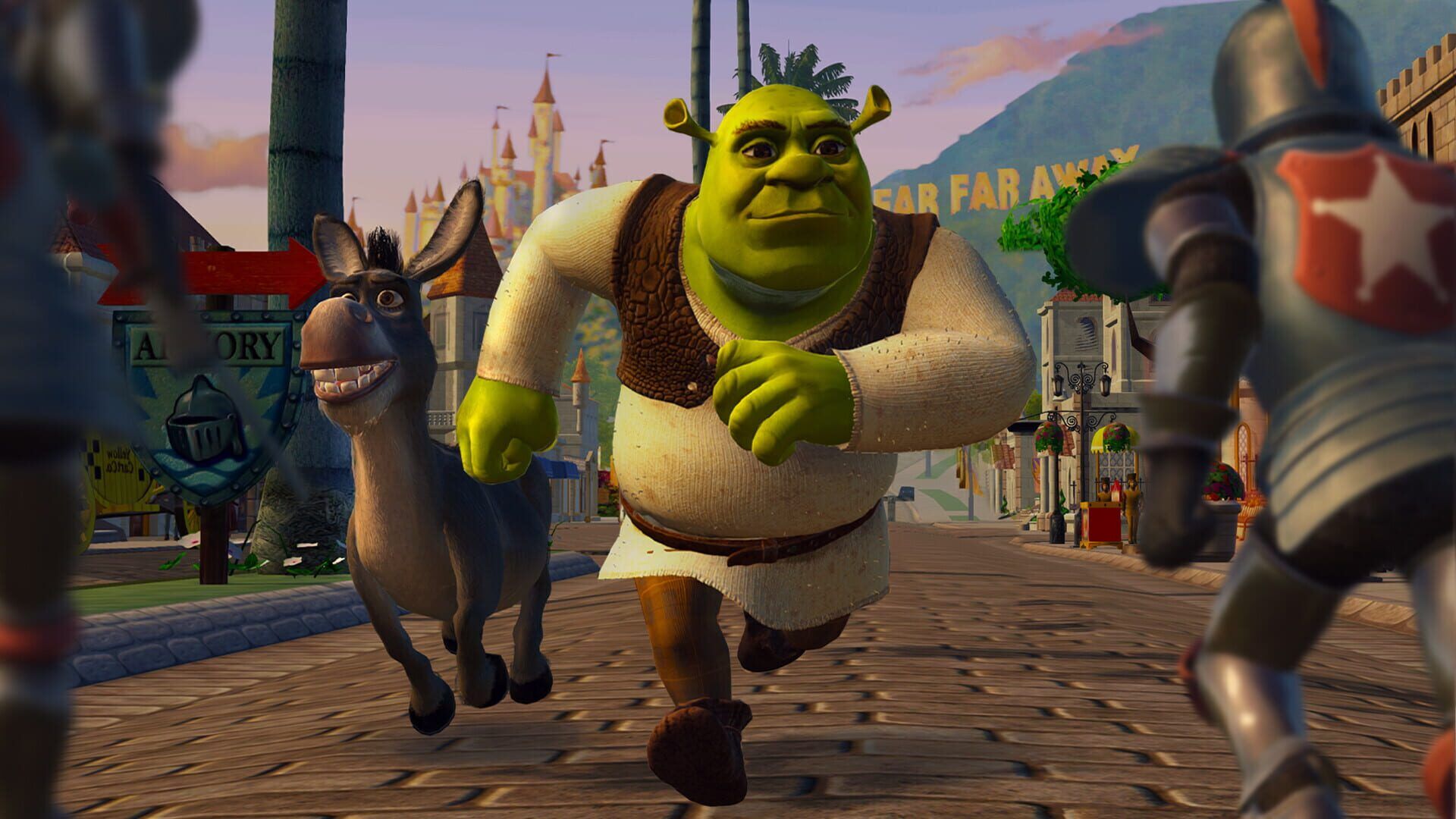 Shrek and Donkey running down a cobbled street in Far Far Away, flanked by armoured guards
