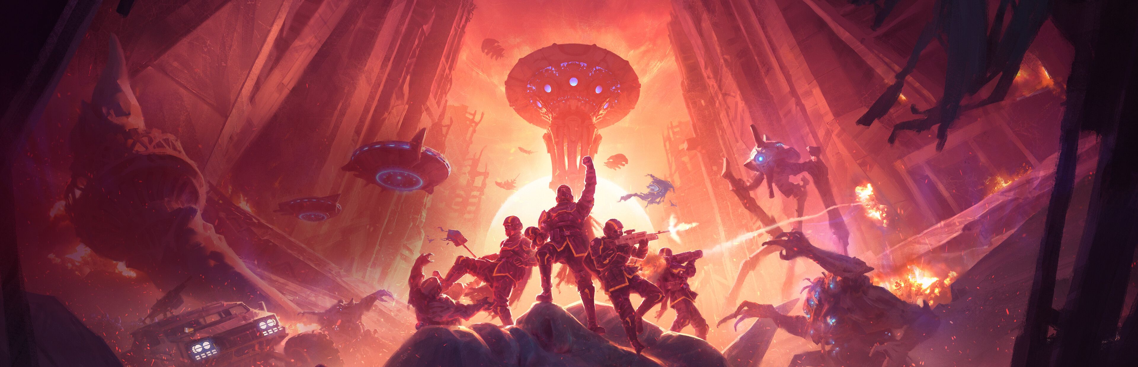 Helldivers 2 key art: a squad of Helldivers fighting Illuminate ships and mutated creatures under a red sky