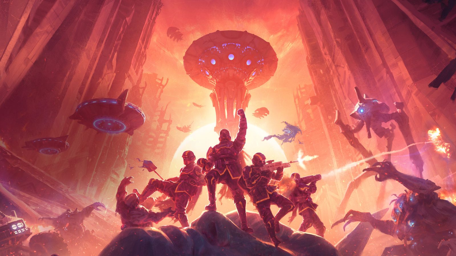 Helldivers 2 key art: a squad of Helldivers fighting Illuminate ships and mutated creatures under a red sky