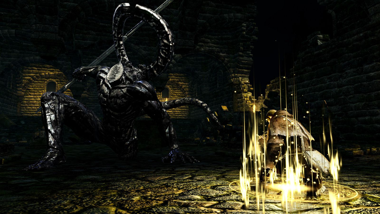 A long-limbed black armoured creature looms over a player resting at a glowing bonfire in a dark stone corridor