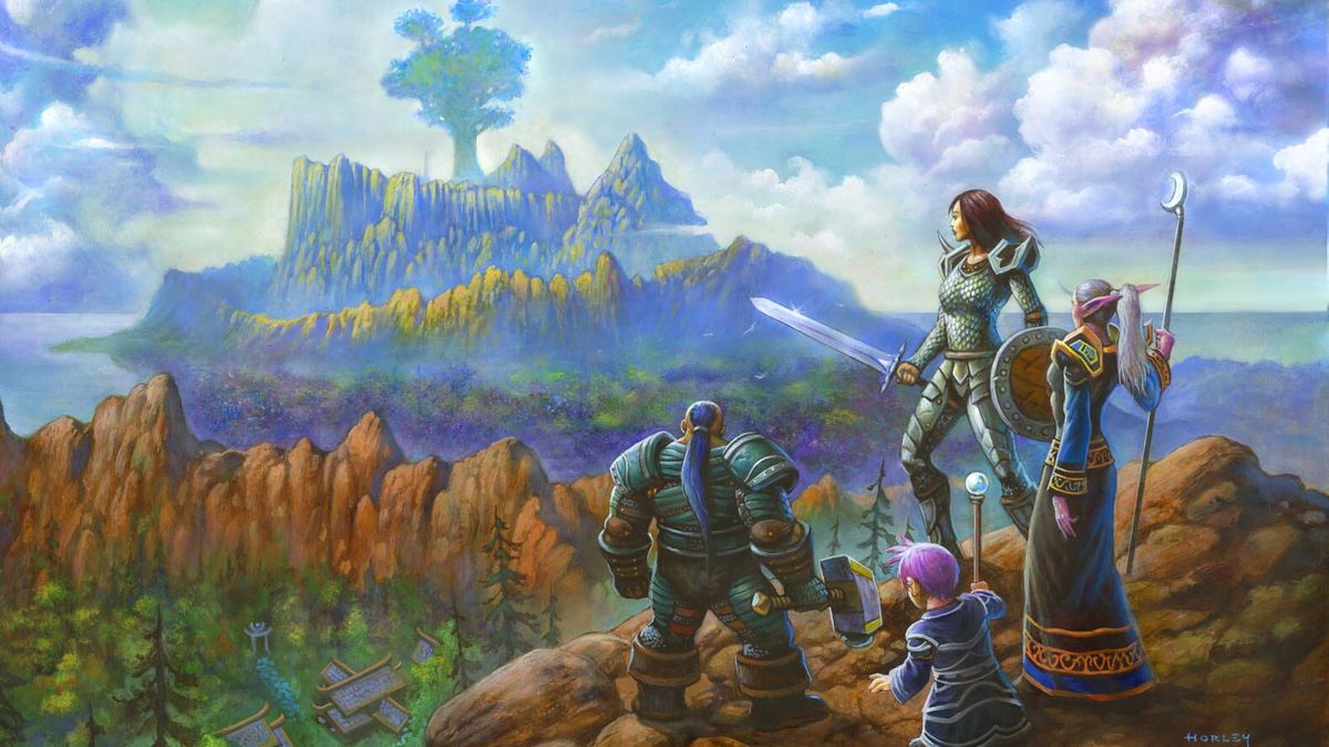 Painted artwork of four adventurers on a rocky ridge looking towards a mountain crowned by a giant tree