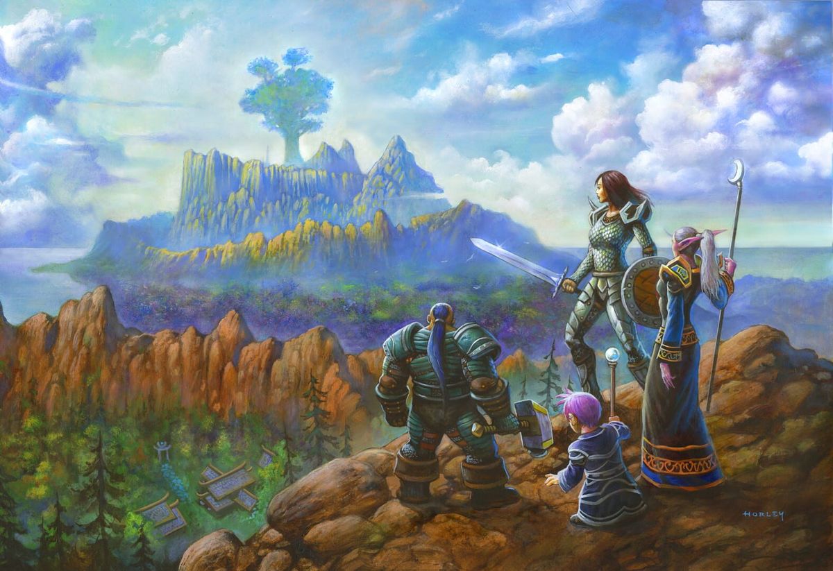 Painted artwork of four adventurers on a rocky ridge looking towards a mountain crowned by a giant tree
