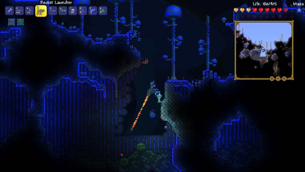 A Terraria character exploring a dark blue underground cavern lit by tall glowing mushrooms, with the minimap open in the corner