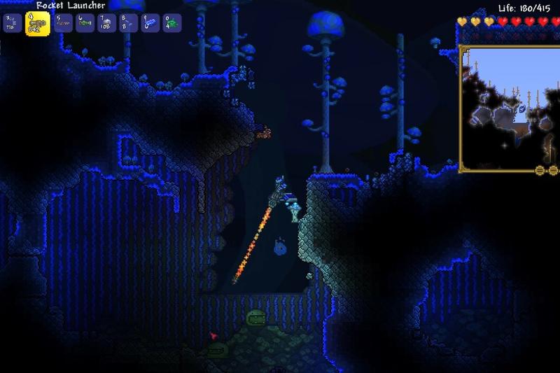 A Terraria character exploring a dark blue underground cavern lit by tall glowing mushrooms, with the minimap open in the corner