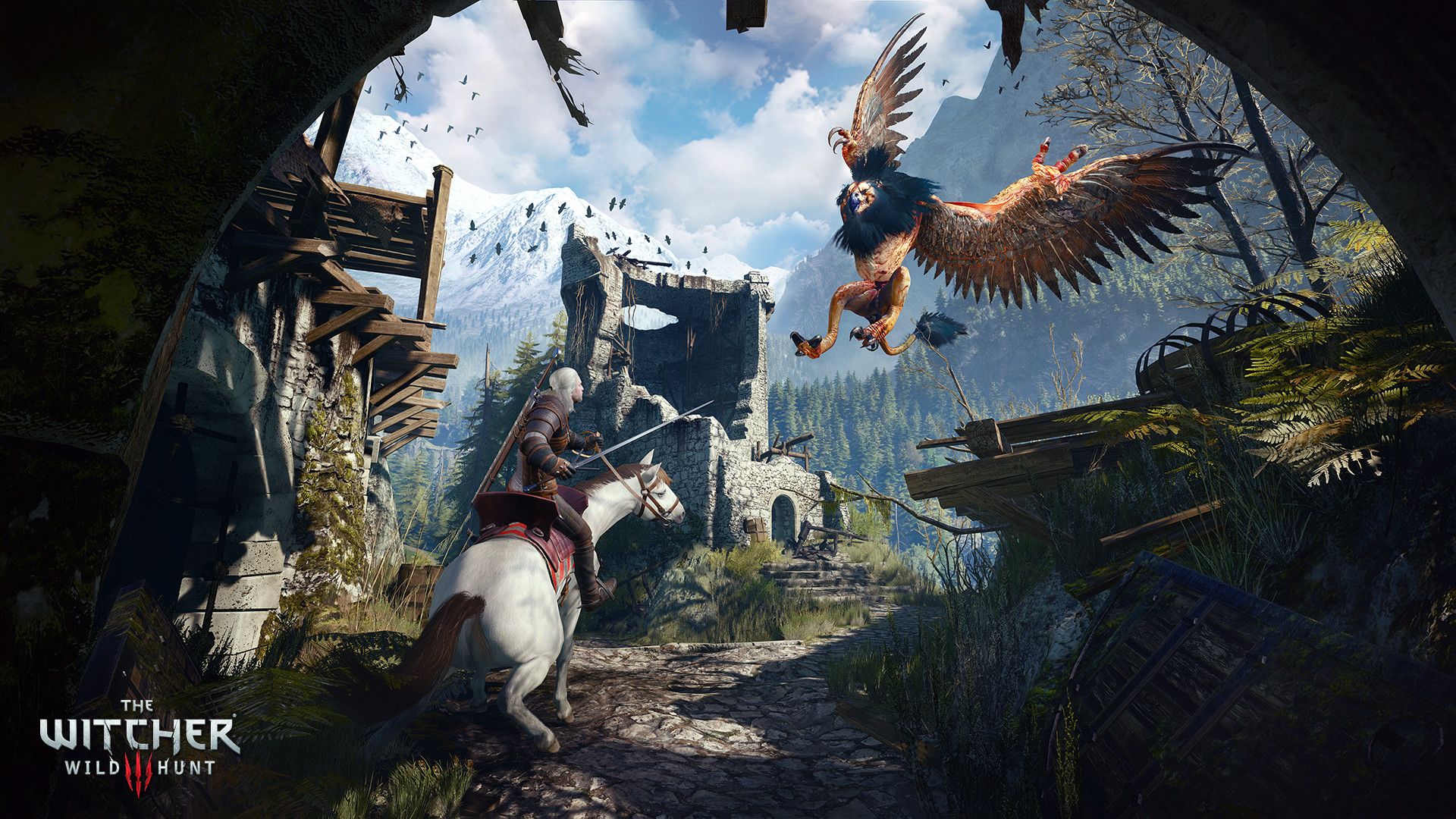 Geralt on a white horse fighting a griffin near a ruined stone tower in The Witcher 3