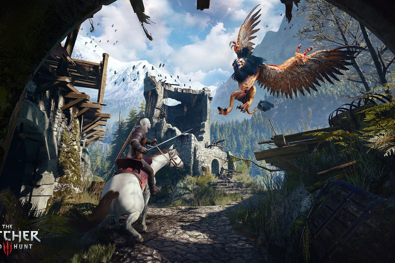 Geralt on a white horse fighting a griffin near a ruined stone tower in The Witcher 3