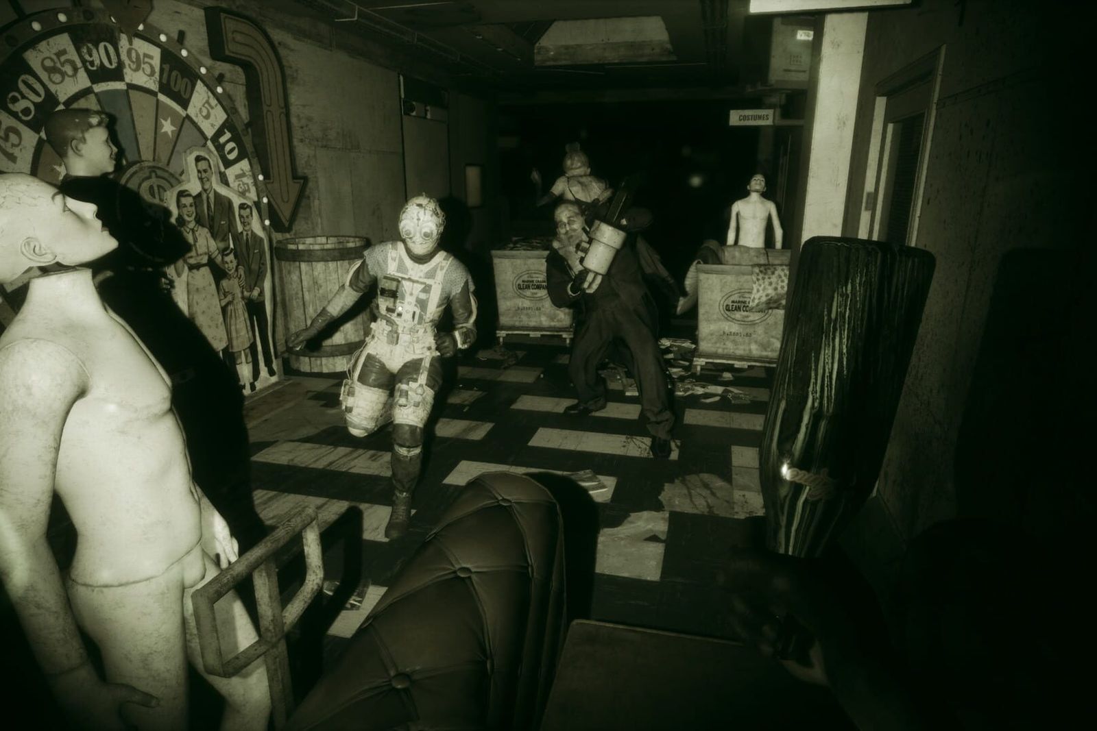 Pale mannequins and masked figures in a dark, green-tinted corridor from The Outlast Trials