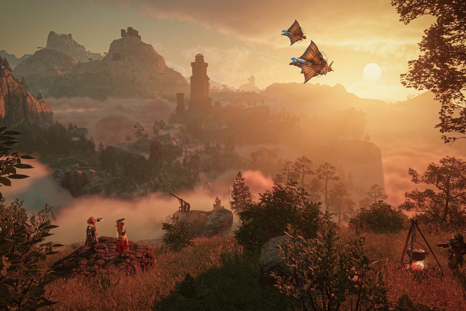 Two adventurers on a hillside overlooking a misty valley and ruined towers at sunset in Enshrouded, with winged creatures in the sky