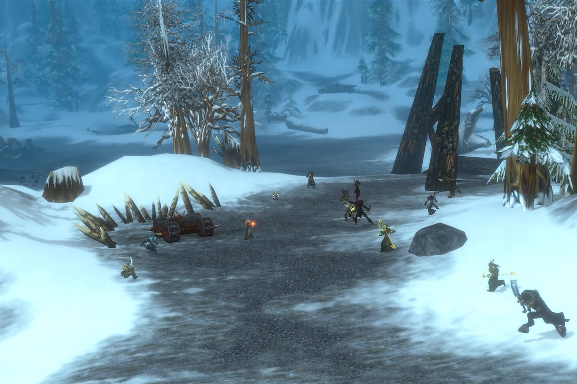 Horde and Alliance players fighting on a snowy road between pine trees in World of Warcraft: Forever