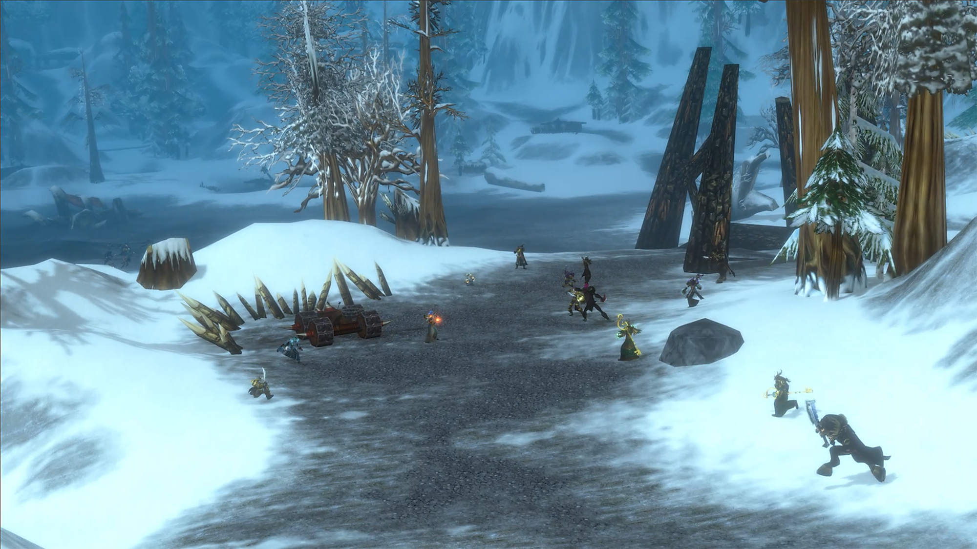 Horde and Alliance players fighting on a snowy road between pine trees in World of Warcraft: Forever