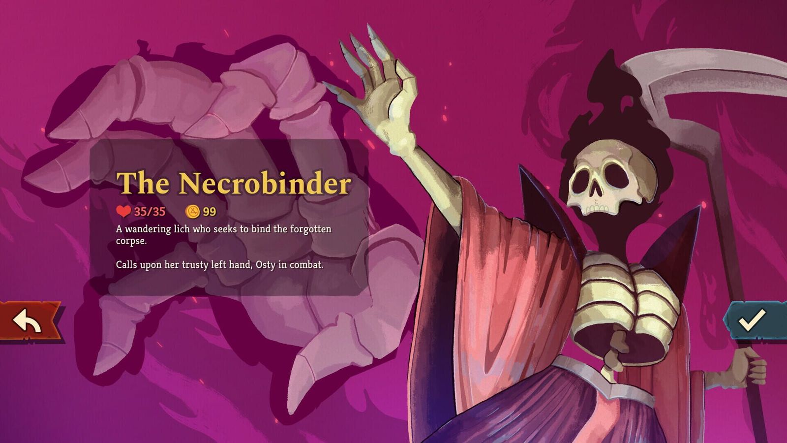 Slay the Spire 2 character select screen showing the Necrobinder, a skeletal lich holding a scythe beside a giant hand