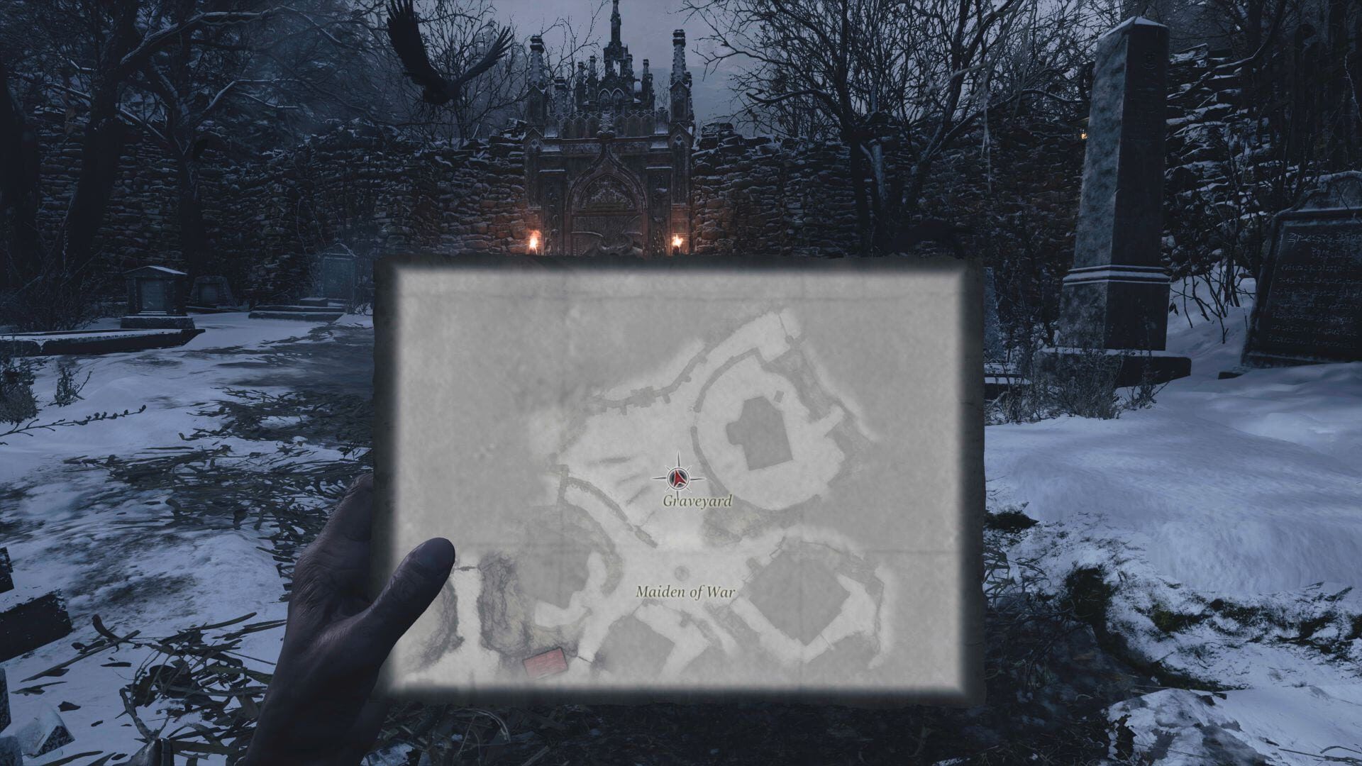 Player holding a paper map in front of them in Resident Evil Village VR Mode