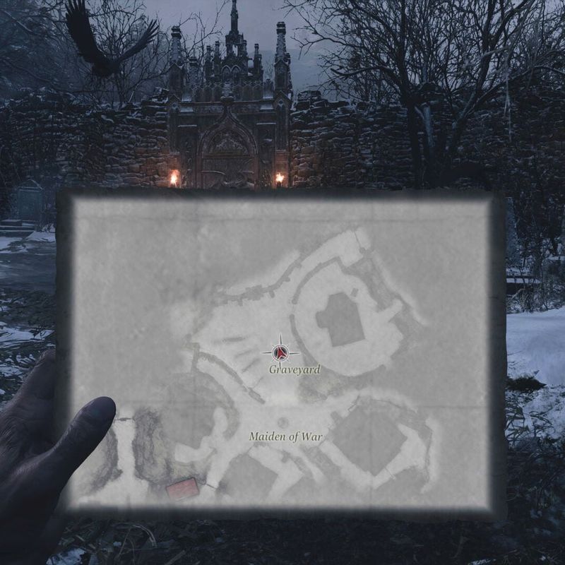 Player holding a paper map in front of them in Resident Evil Village VR Mode