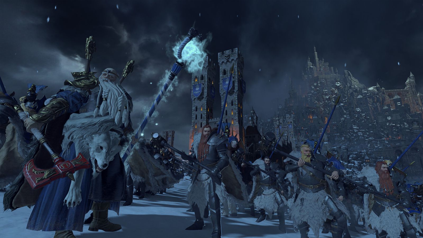 Fur-cloaked Middenland soldiers and a priest holding a glowing staff march past a tower on a snowy night