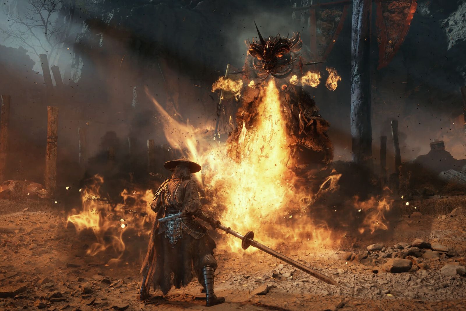Phantom Blade Zero screenshot: a swordsman in a straw hat faces a giant armoured enemy breathing a wall of fire in a ruined village