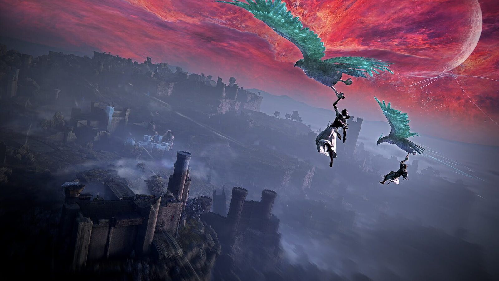 Two Nightfarers glide on spirit hawks above a fortified city under a red sky in Elden Ring Nightreign