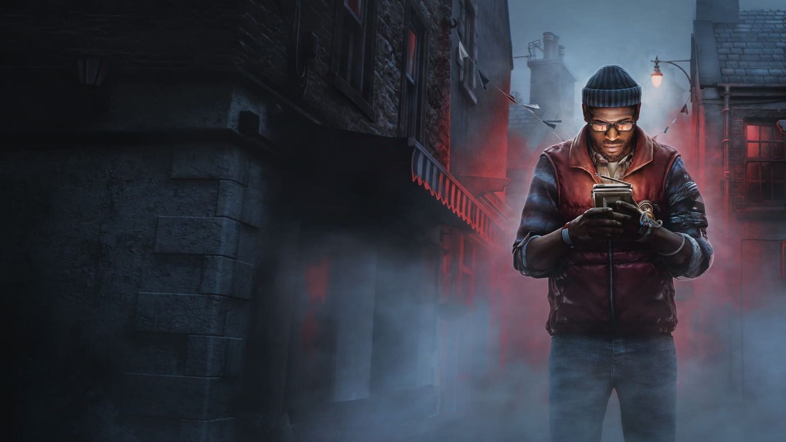 Simon Ordell holding a glowing handheld CRT television in a foggy, red-lit street