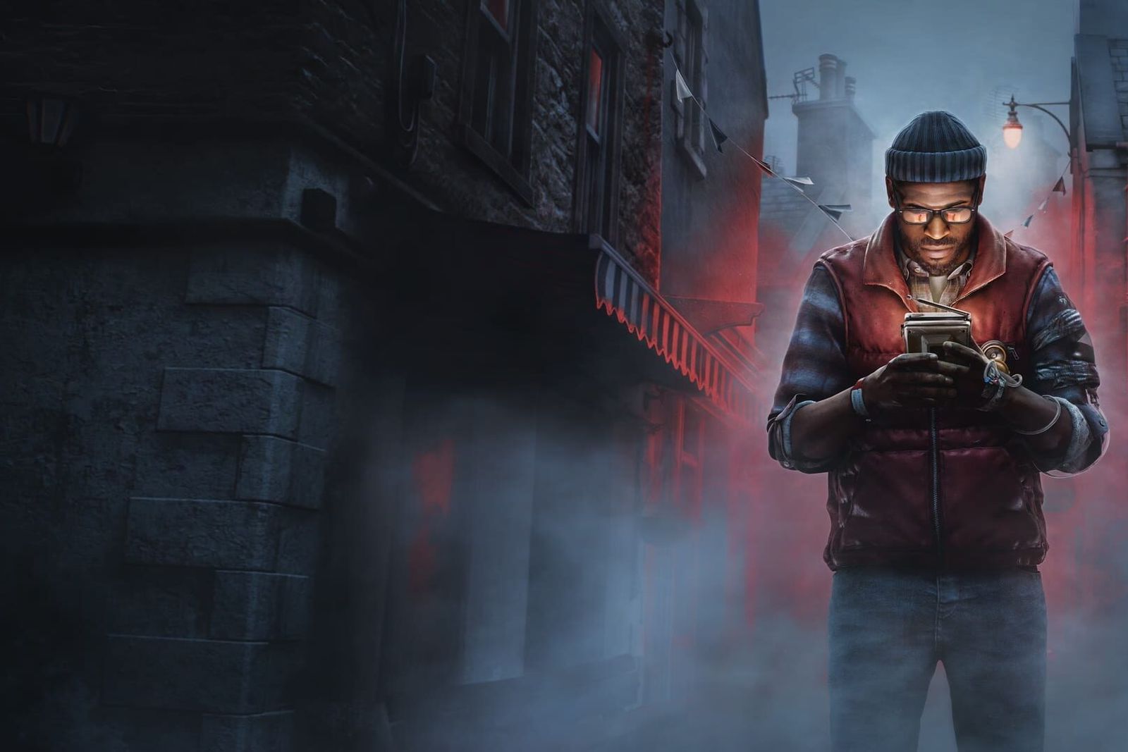 Simon Ordell holding a glowing handheld CRT television in a foggy, red-lit street