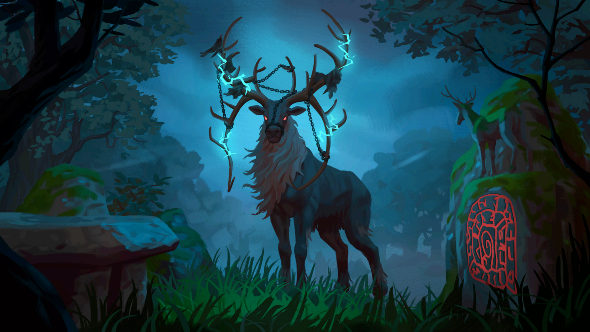 Valheim artwork of a giant stag with glowing, lightning-like antlers standing in a blue moonlit forest beside a carved rune stone