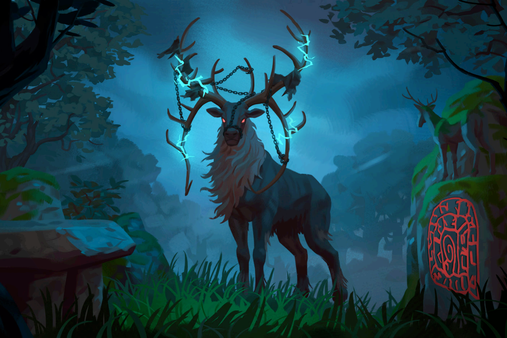 Valheim artwork of a giant stag with glowing, lightning-like antlers standing in a blue moonlit forest beside a carved rune stone