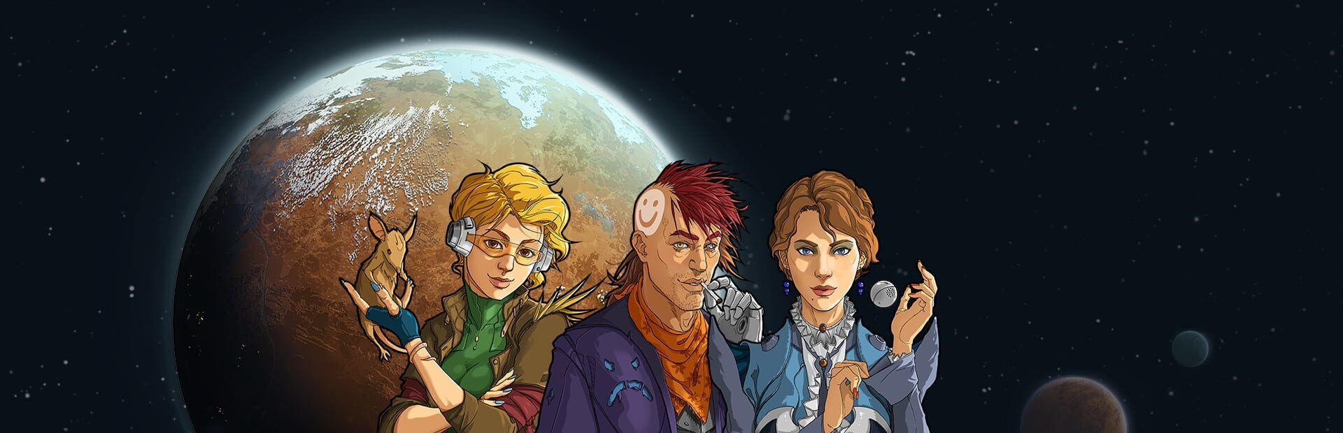 RimWorld artwork of three illustrated colonists standing in front of an orange planet in space, one holding a small animal
